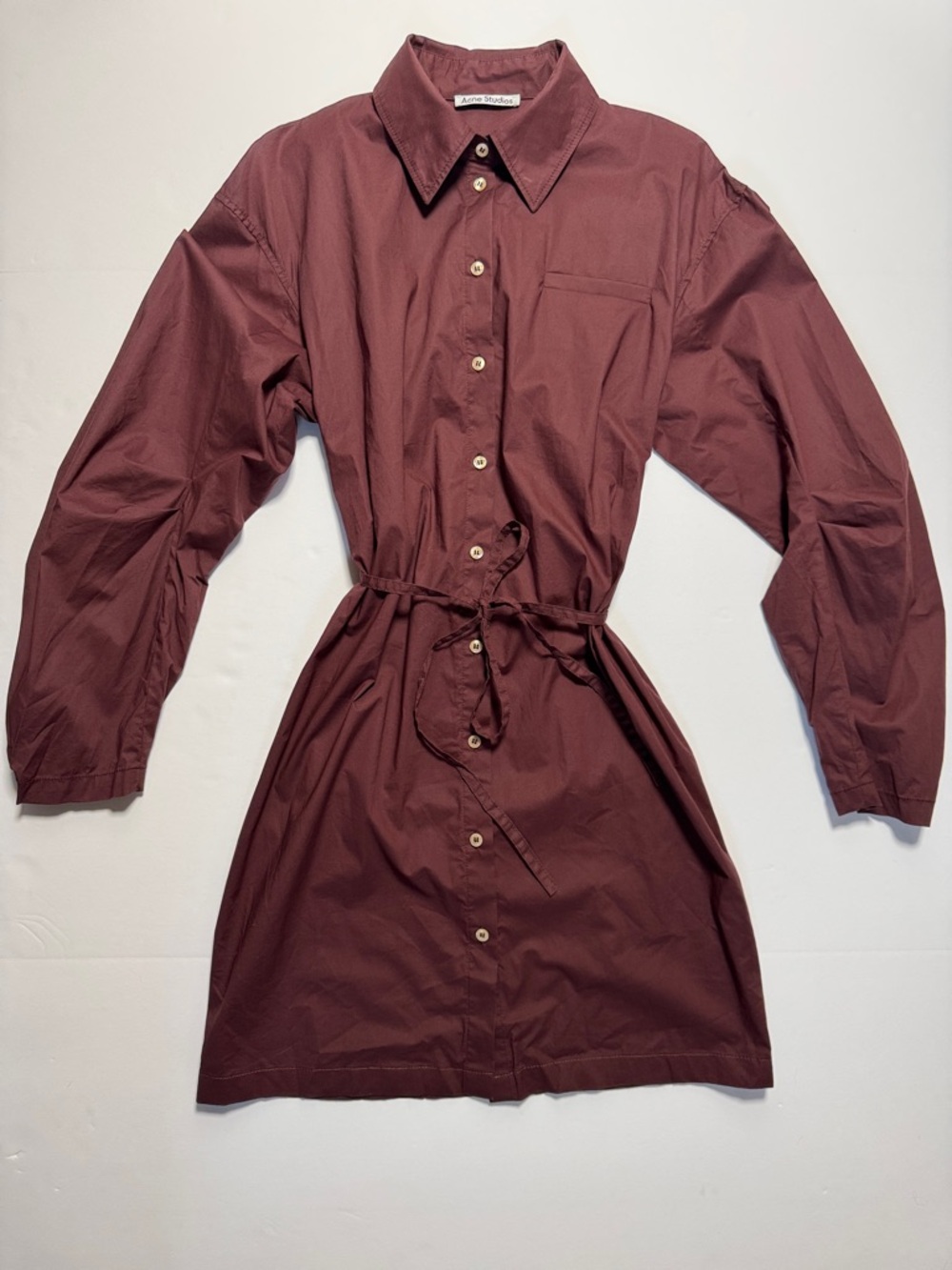 ACNE STUDIOS Burgundy Long Barrel Sleeve Cut Out Shirt Dress Tie Waist Midi 36
